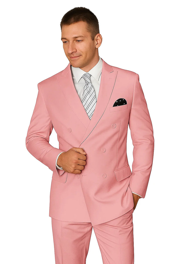 Elegant Men's Double-Breasted Wool Suit in Soft Blush Pink