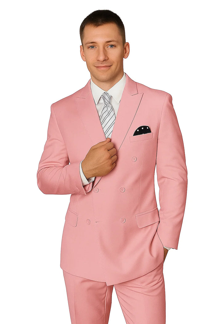 Elegant Men's Double-Breasted Wool Suit in Soft Blush Pink