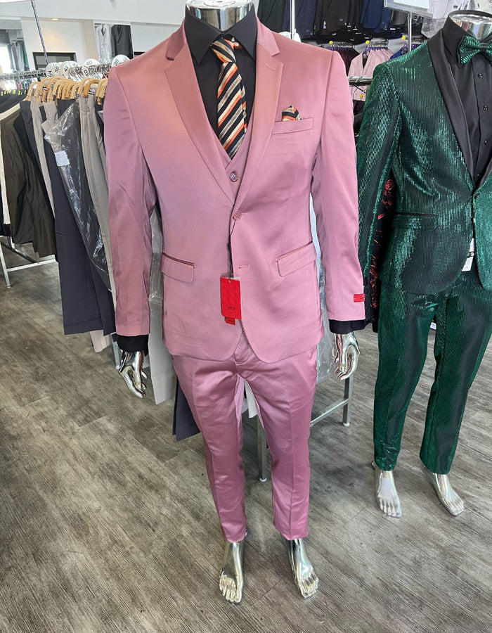 Mens Pink 3-Piece Slim Fit Suit  Formal Wedding and Prom Outfit with Vest
