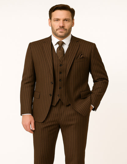 Men's Brown Pinstripe 3-Piece Suit with Matching Vest  Classic Fit Business and Formal Attire