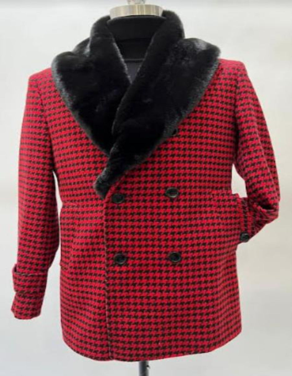 Mens Plaid Overcoat - Wool Peacoat - Plaid Topcoats Shawl Lapel Red - Men's Tuxedo USA