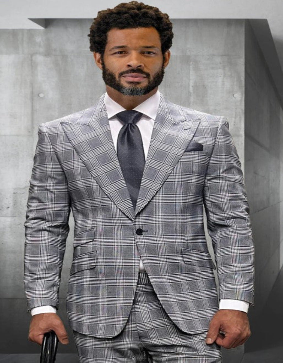 Mens 3 Piece 100 Percent Wool Suit - Affordable Italian Super 150's Fabric in Plaid Texture Fabric in Color Grey - Online Special