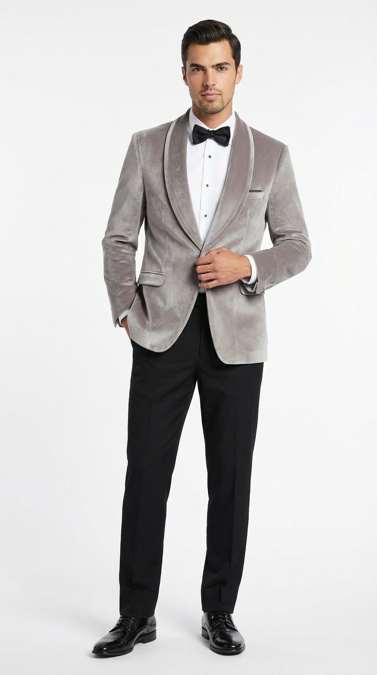 Men's Platinum Velvet Dinner Jacket with Satin Shawl Lapel | Formal Wedding Prom Blazer