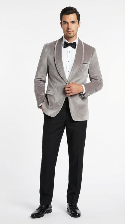 Men's Platinum Velvet Dinner Jacket with Satin Shawl Lapel | Formal Wedding Prom Blazer