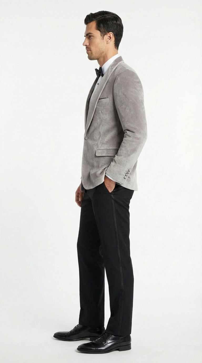 Men's Platinum Velvet Dinner Jacket with Satin Shawl Lapel | Formal Wedding Prom Blazer