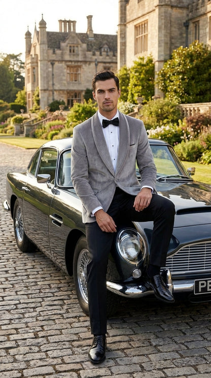 Men's Platinum Velvet Dinner Jacket with Satin Shawl Lapel | Formal Wedding Prom Blazer