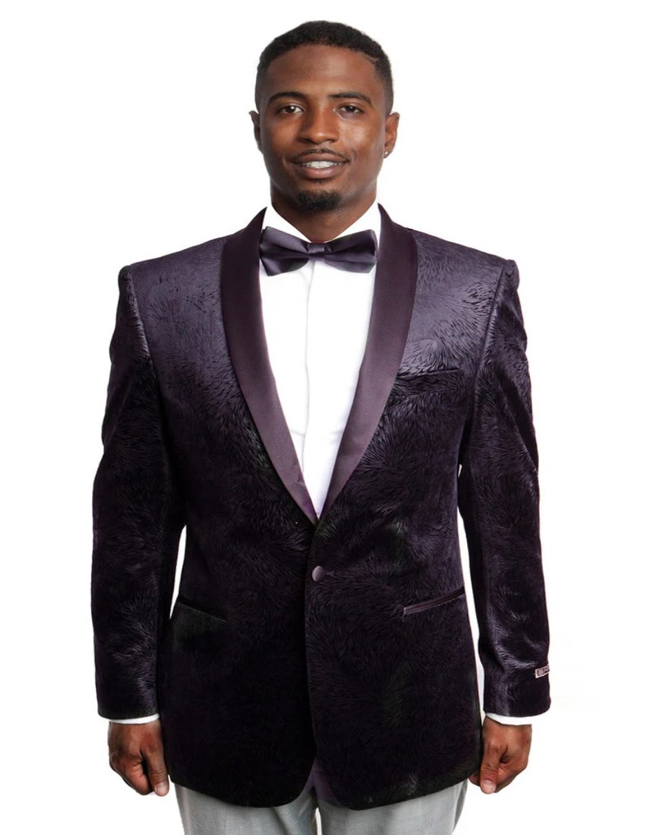 Mens Eggplant Tuxedo - Mens Floral Pattern Velvet Tuxedo Prom Dark Burgundy Plum Dinner Jacket - Men's Tuxedo USA