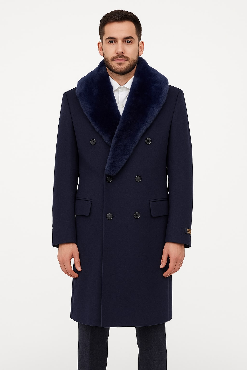 Mens Double-Breasted Navy Overcoat with Plush Blue Faux Fur Collar  Alberto Nardoni Winter Coat