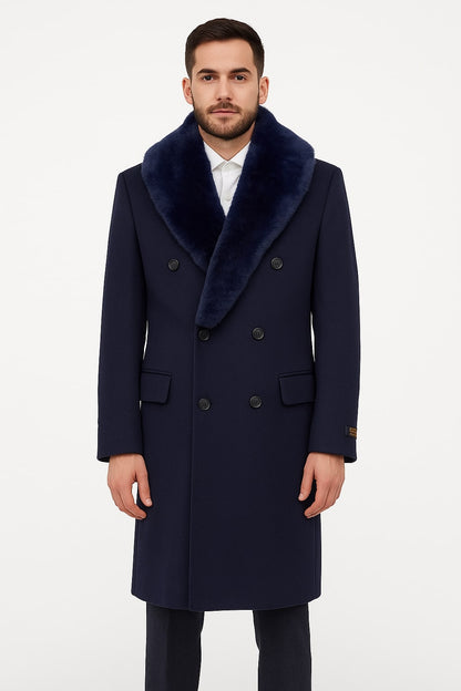 Mens Double-Breasted Navy Overcoat with Plush Blue Faux Fur Collar  Alberto Nardoni Winter Coat