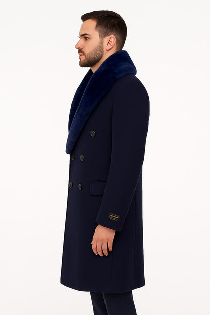 Mens Double-Breasted Navy Overcoat with Plush Blue Faux Fur Collar  Alberto Nardoni Winter Coat