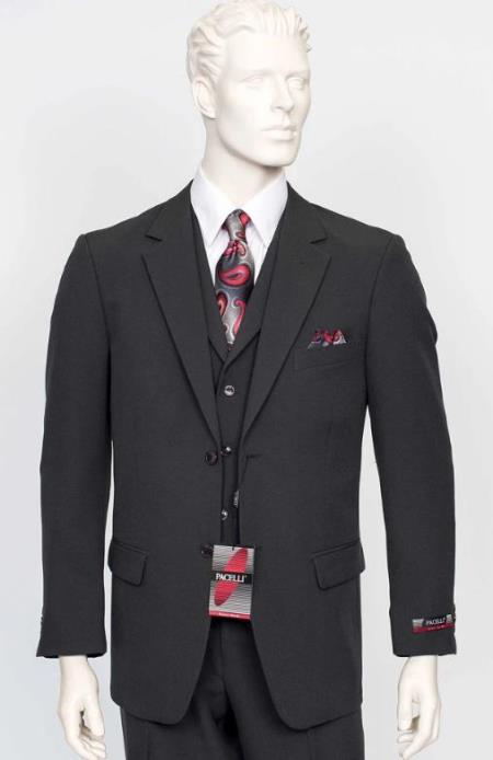 Poplin Fabric Pacelli 3pc Black Suit CAMERON-10000 Classic Fit Pleated Pants Athletic Cut