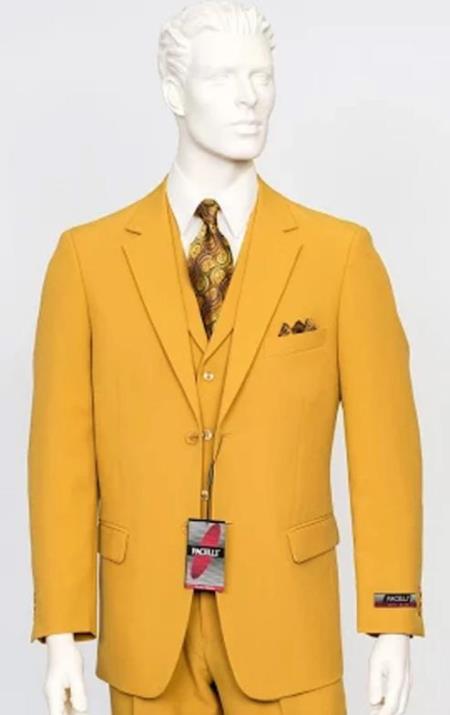 Poplin Fabric Pacelli 3pc Mustard Suit CAMERON-10027 Classic Fit Pleated Pants Athletic Cut