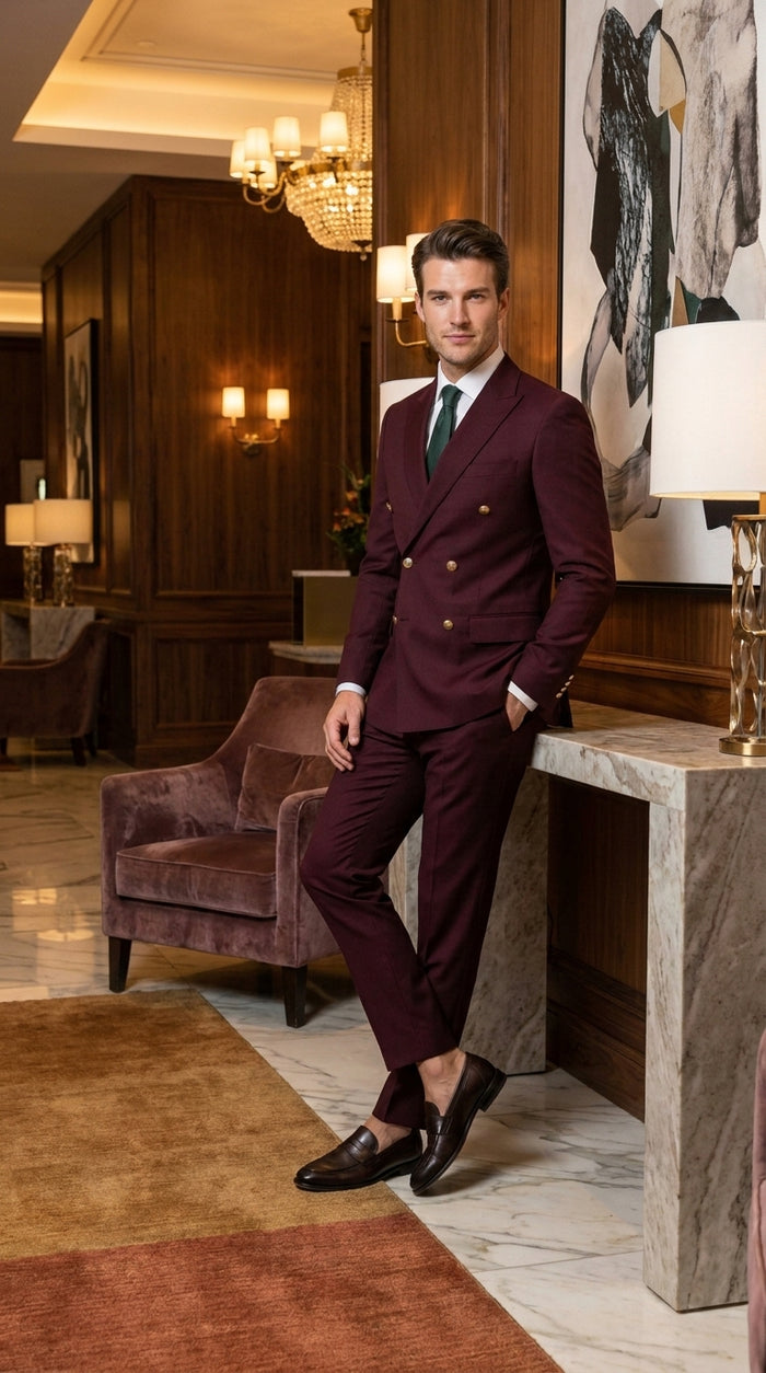 Men’s Burgundy Slim Fit Double Breasted Suit with Gold Buttons, Designer Formal Wedding Suit