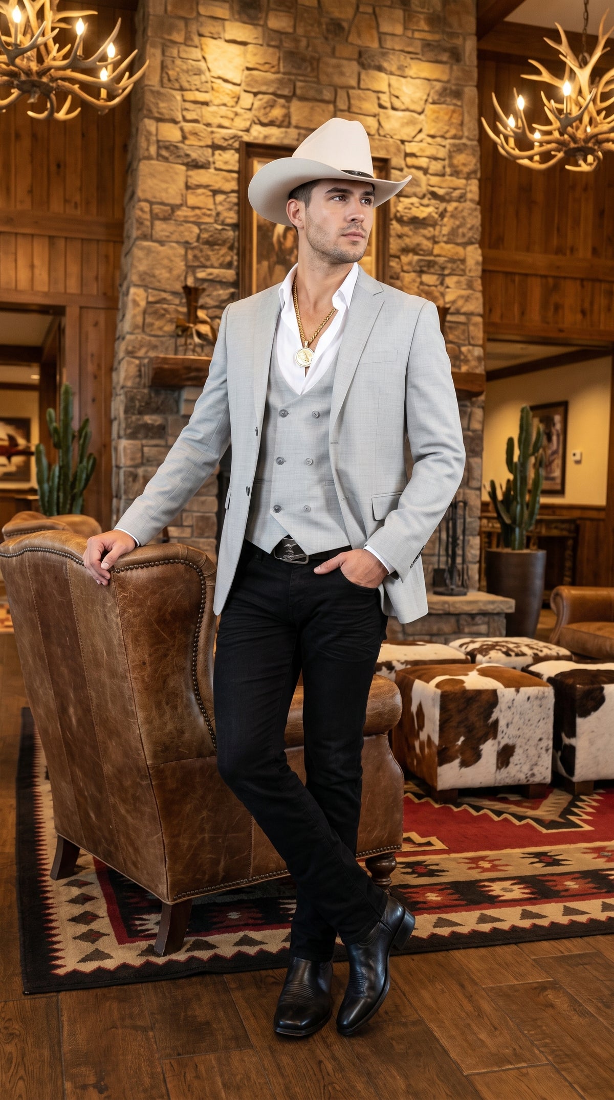 Men’s Light Gray Western Suit Blazer with Double-Breasted Vest – Modern Cowboy Formal Outfit