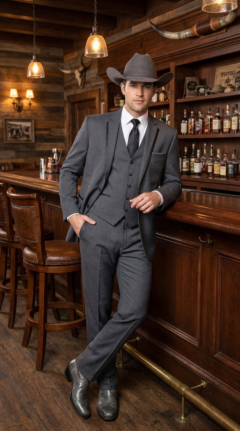 Men’s Charcoal Gray Western Tuxedo Suit, Cowboy Formal Trim Collar Jacket and Pants