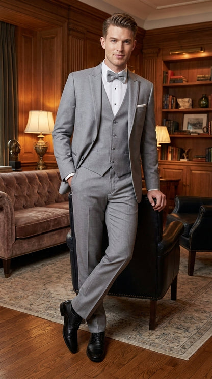 Men’s Light Grey Wedding Tuxedo Suit, Designer Formal Prom Groom Suit with Satin Trim