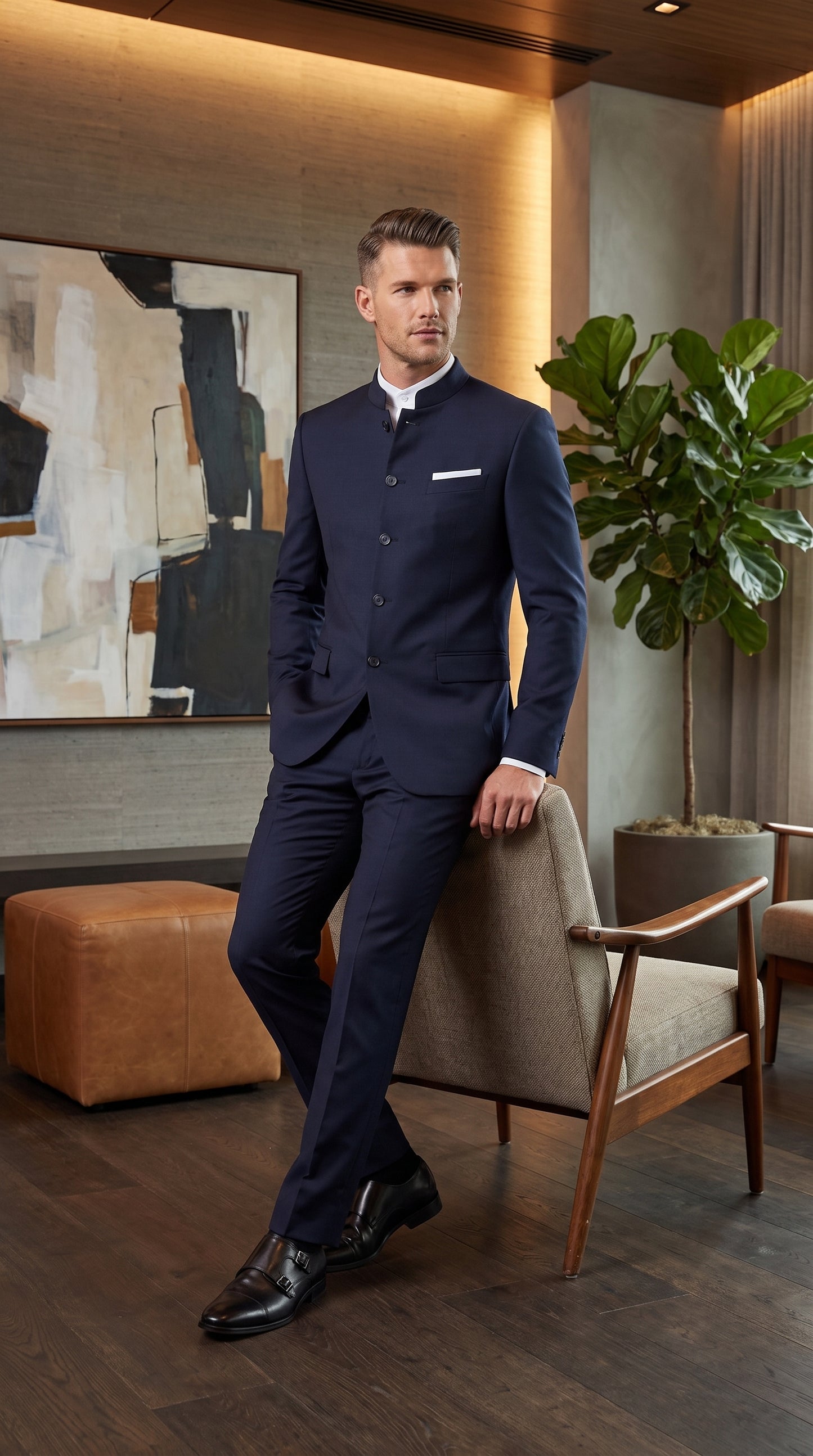 Men’s Dark Navy Blue Mandarin Collar Suit, Banded Collar Formal Wedding Business Dress Suit