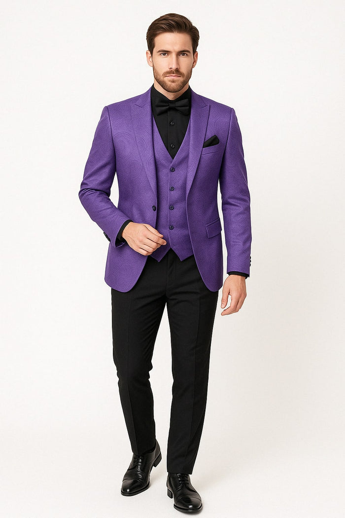 Mens Purple Paisley Tuxedo Suit  3 Piece Formal Set with Vest and Bow Tie