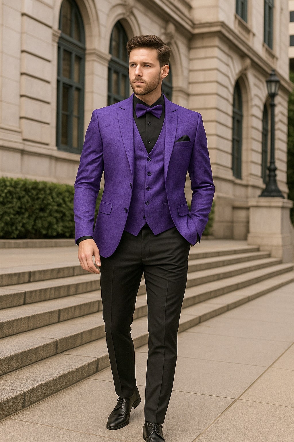 Mens Purple Paisley Tuxedo Suit  3 Piece Formal Set with Vest and Bow Tie