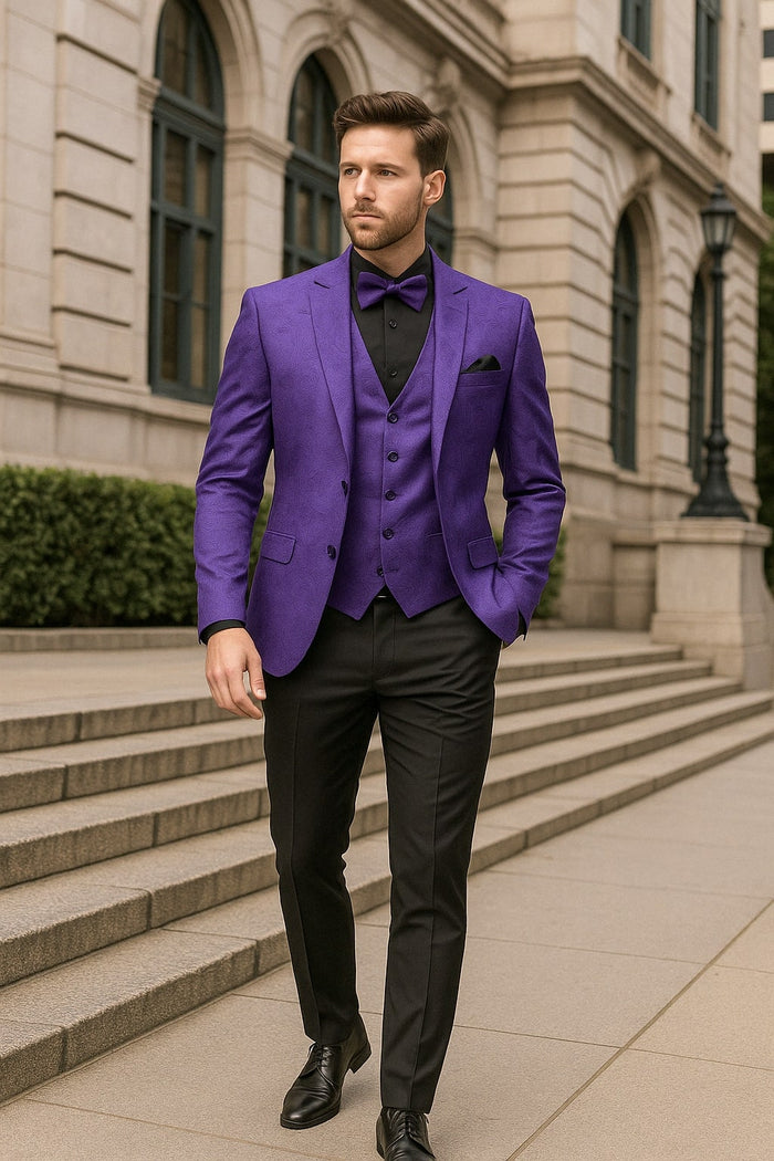 Mens Purple Paisley Tuxedo Suit  3 Piece Formal Set with Vest and Bow Tie