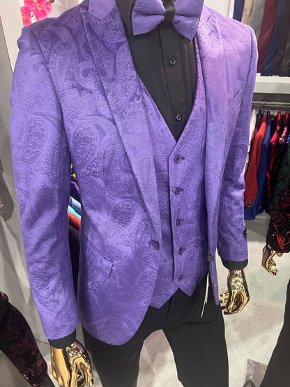 Mens Purple Paisley Tuxedo Suit  3 Piece Formal Set with Vest and Bow Tie