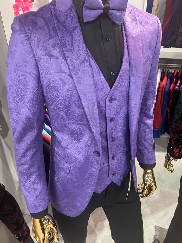 Mens Purple Paisley Tuxedo Suit  3 Piece Formal Set with Vest and Bow Tie