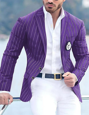 Prom-goer in tailored lilac blazer with white trousers 