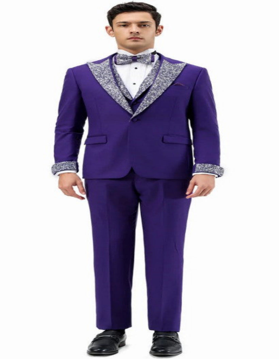 Purple Prom Tuxedo - Perfect Wedding Suit Vested Rhinestone sequin Lapelled