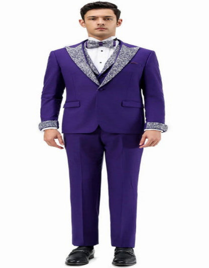 Purple Prom Tuxedo - Perfect Wedding Suit Vested Rhinestone sequin Lapelled