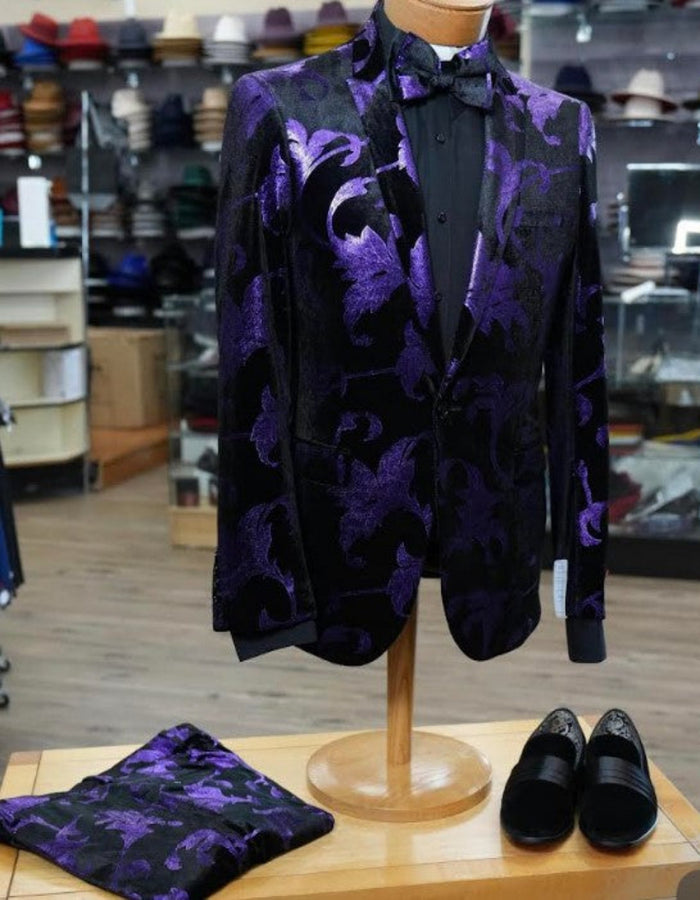 Men’s Purple and Black Paisley Tuxedo Suit – Mardi Gras Dinner Jacket with Matching Pants