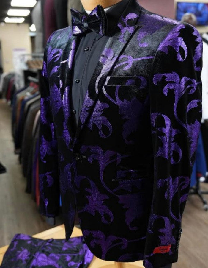 Men’s Purple and Black Paisley Tuxedo Suit – Mardi Gras Dinner Jacket with Matching Pants
