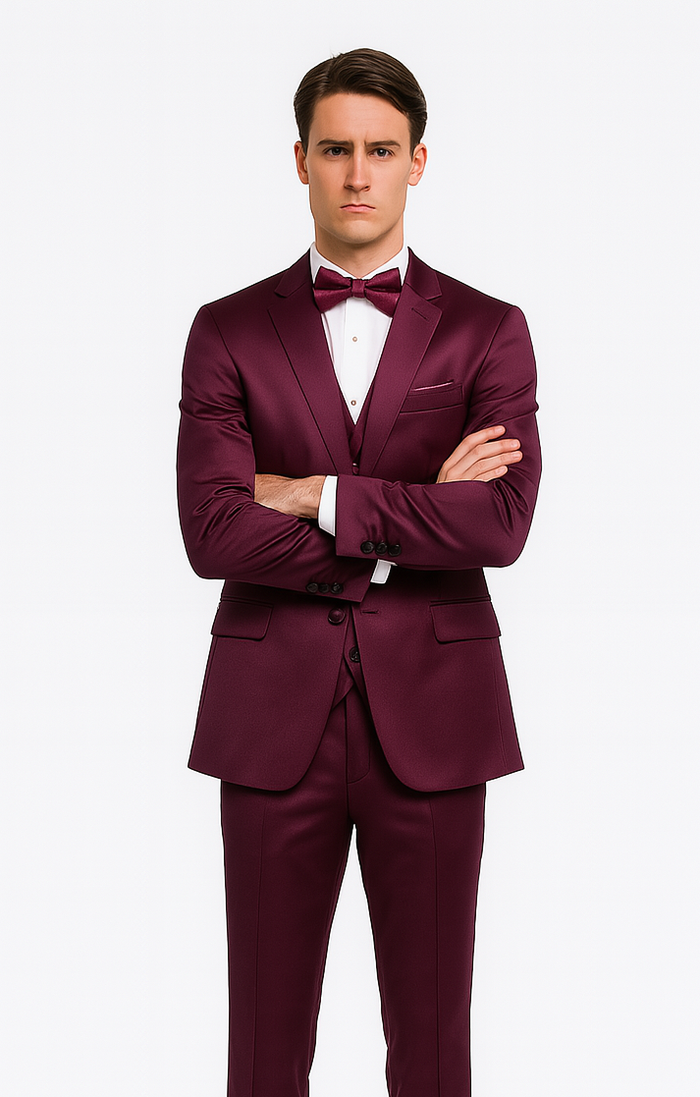 Tazzio Men's Purple Satin 3 Piece Slim Fit Suit with Peak Lapel Jacket  Premium Double Breasted Style