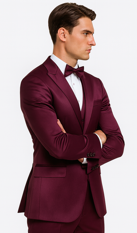 Tazzio Men's Purple Satin 3 Piece Slim Fit Suit with Peak Lapel Jacket  Premium Double Breasted Style