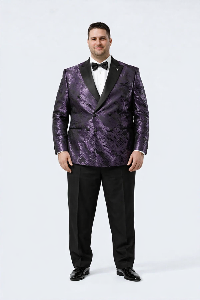 Purple Jacquard Statement Tuxedo Jacket Satin Peak Lapel Double-Breasted
