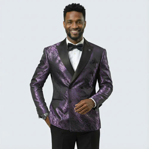 Purple Jacquard Statement Tuxedo Jacket  Satin Peak Lapel Double-Breasted