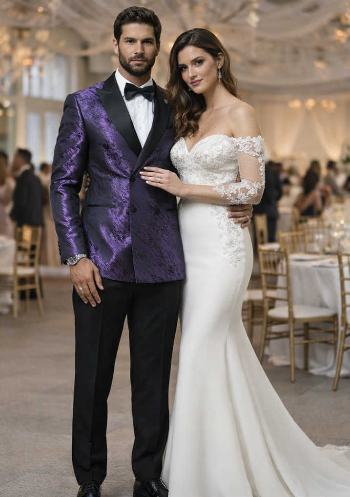 Purple Jacquard Statement Tuxedo Jacket  Satin Peak Lapel Double-Breasted