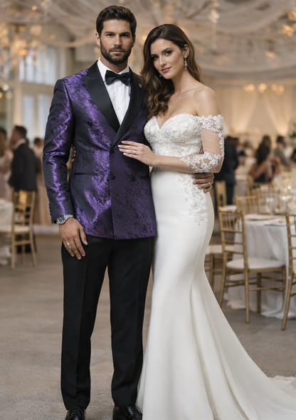 Purple Jacquard Statement Tuxedo Jacket  Satin Peak Lapel Double-Breasted