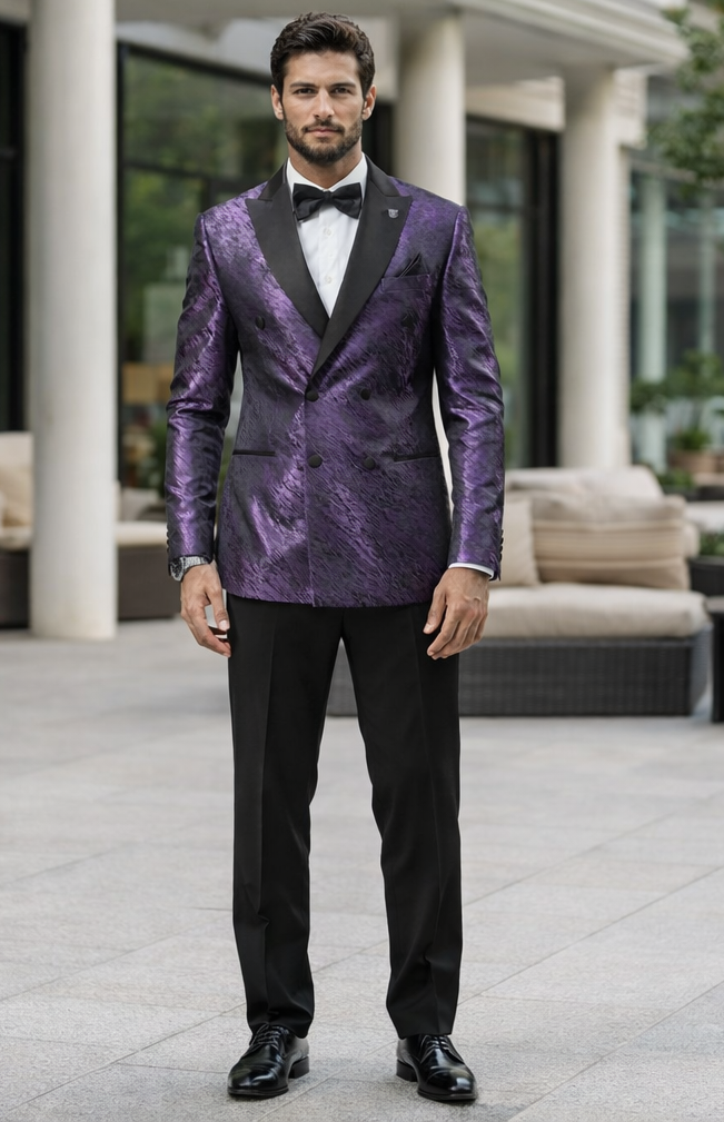 Purple Jacquard Statement Tuxedo Jacket  Satin Peak Lapel Double-Breasted