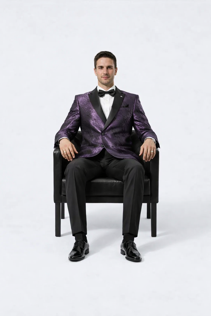 Purple Jacquard Statement Tuxedo Jacket Satin Peak Lapel Double-Breasted