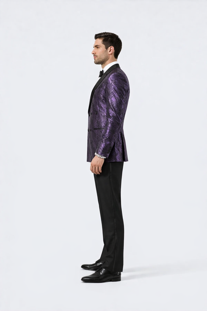 Purple Jacquard Statement Tuxedo Jacket  Satin Peak Lapel Double-Breasted