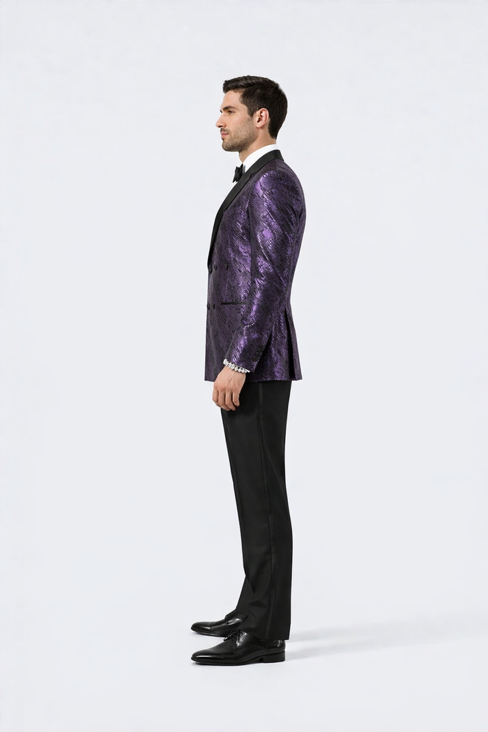 Purple Jacquard Statement Tuxedo Jacket Satin Peak Lapel Double-Breasted