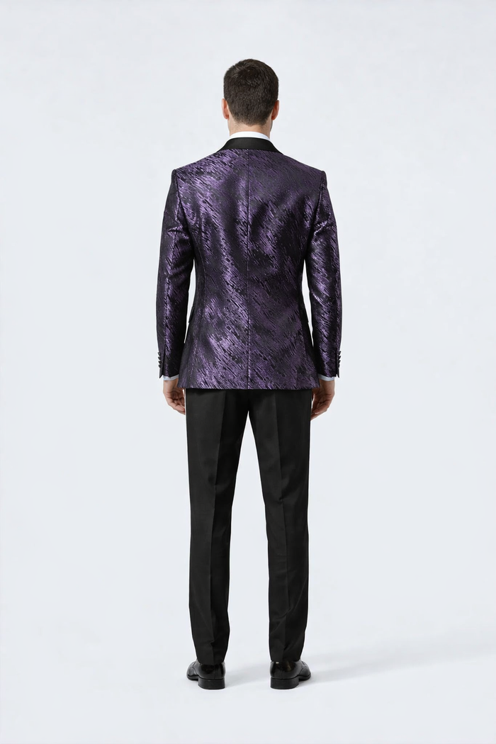 Purple Jacquard Statement Tuxedo Jacket Satin Peak Lapel Double-Breasted