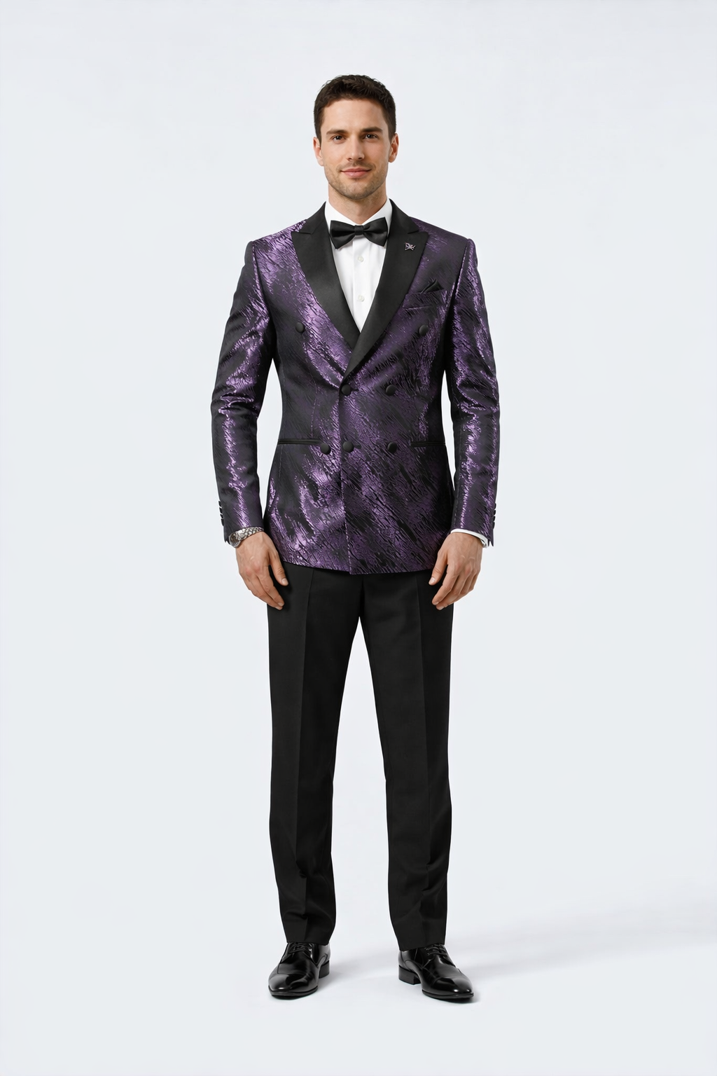 Purple Jacquard Statement Tuxedo Jacket  Satin Peak Lapel Double-Breasted