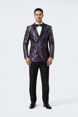 Purple Jacquard Statement Tuxedo Jacket  Satin Peak Lapel Double-Breasted