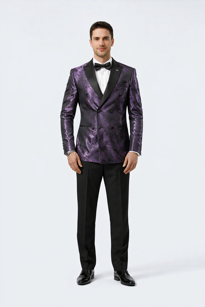 Purple Jacquard Statement Tuxedo Jacket Satin Peak Lapel Double-Breasted