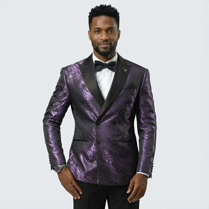 Purple Jacquard Statement Tuxedo Jacket Satin Peak Lapel Double-Breasted