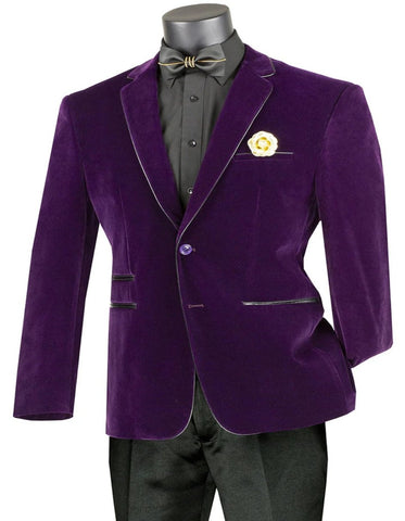 Mens Two Button Velvet Purple with Black Leather Piping Trim Blazer