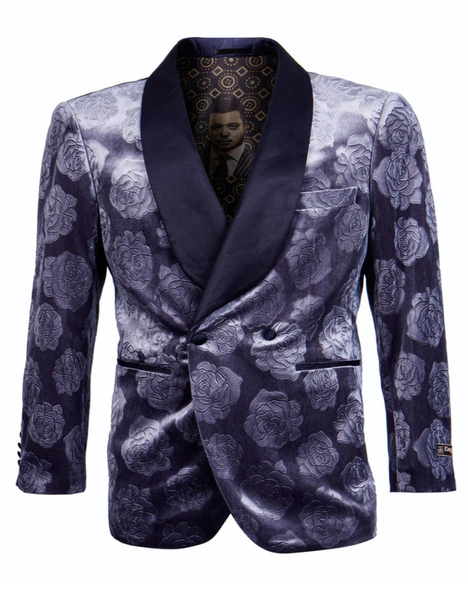 Blue Wedding Tuxedo - Men's Double Breasted Floral Rose Blue Smoking Jacket