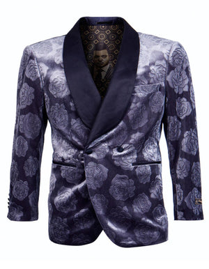 Blue Wedding Tuxedo - Men's Double Breasted Floral Rose Blue Smoking Jacket