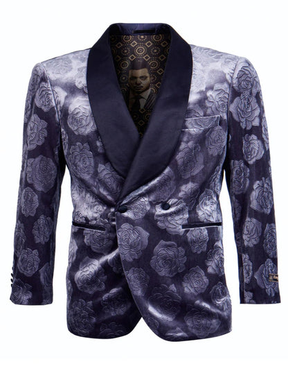 Blue Wedding Tuxedo - Men's Double Breasted Floral Rose Blue Smoking Jacket